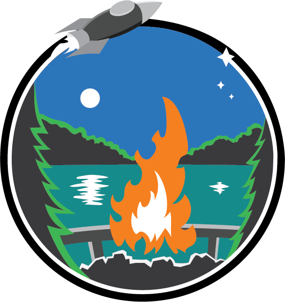 Text that says ESCAPE VELOCITY EVENT with an illustration of a campfire in front of pine trees and a rocket taking off overhead.